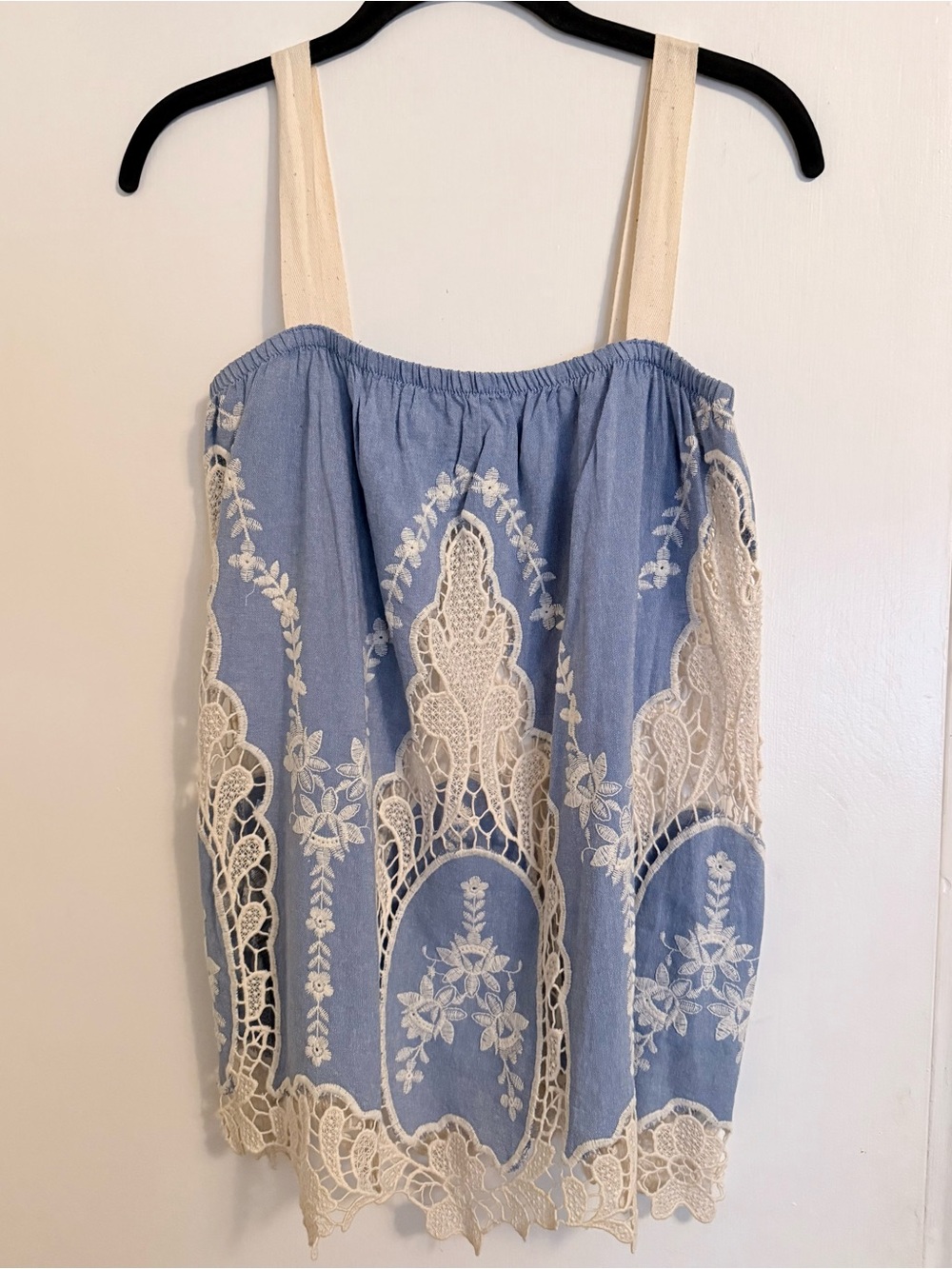 Audrey 3+1 Blue Tank Top with Cream Lace Insets